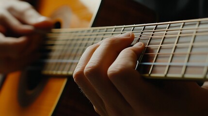 Fototapeta premium Close-up perspective of hands playing a warm-toned acoustic guitar strings