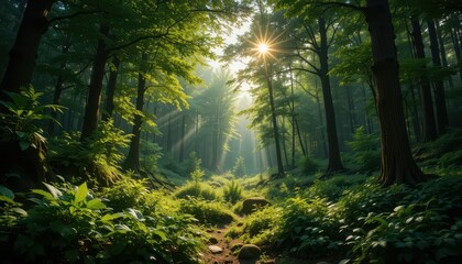 Obraz premium Serene Sunlight Filtering through Lush Forest in Early Morning