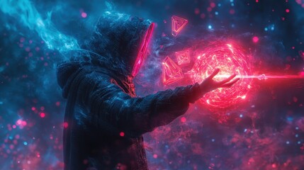 Mage casting a colorful spell in a mystical setting with glowing symbols and ethereal particles