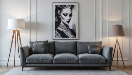 A pensive woman's portrait graces a sophisticated living room, creating a calming atmosphere with soft light and elegant grey tones.