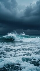 Fototapeta premium Dramatic Ocean Wave Under Dark Storm Clouds at Dusk Moment