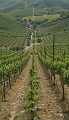 Obraz premium Lush Vineyard Rows in Scenic Rolling Hills Under Clear Blue Sky