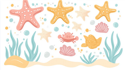 Colorful pastel starfish and tiny crabs create a vibrant underwater scene with shells and seaweed