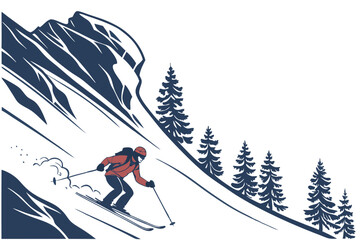 Skier Descending Snowy Mountain Vector Art with Snow Trails
