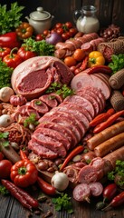 Fresh Assortment of Meats and Vegetables on Wooden Table Surface