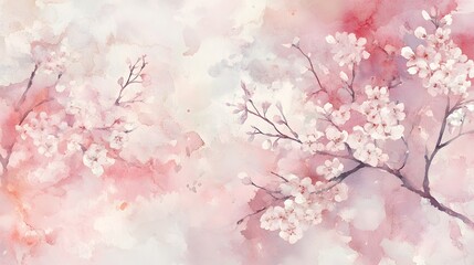 Fototapeta premium Delicate cherry blossoms bloom against a soft pink watercolor background evoking a serene spring atmosphere