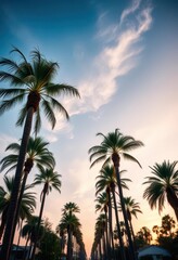 Fototapeta premium Serene California sky, palm trees gently swaying in a soft breeze, blue, landscape, plants