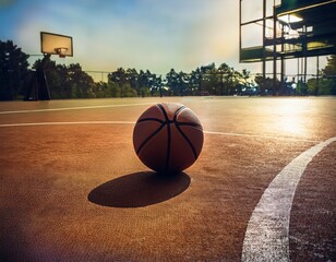 Pelota de baloncesto sobre una cancha y una canasta al fondo. Concepto de deporte callejero - obrazy, fototapety, plakaty