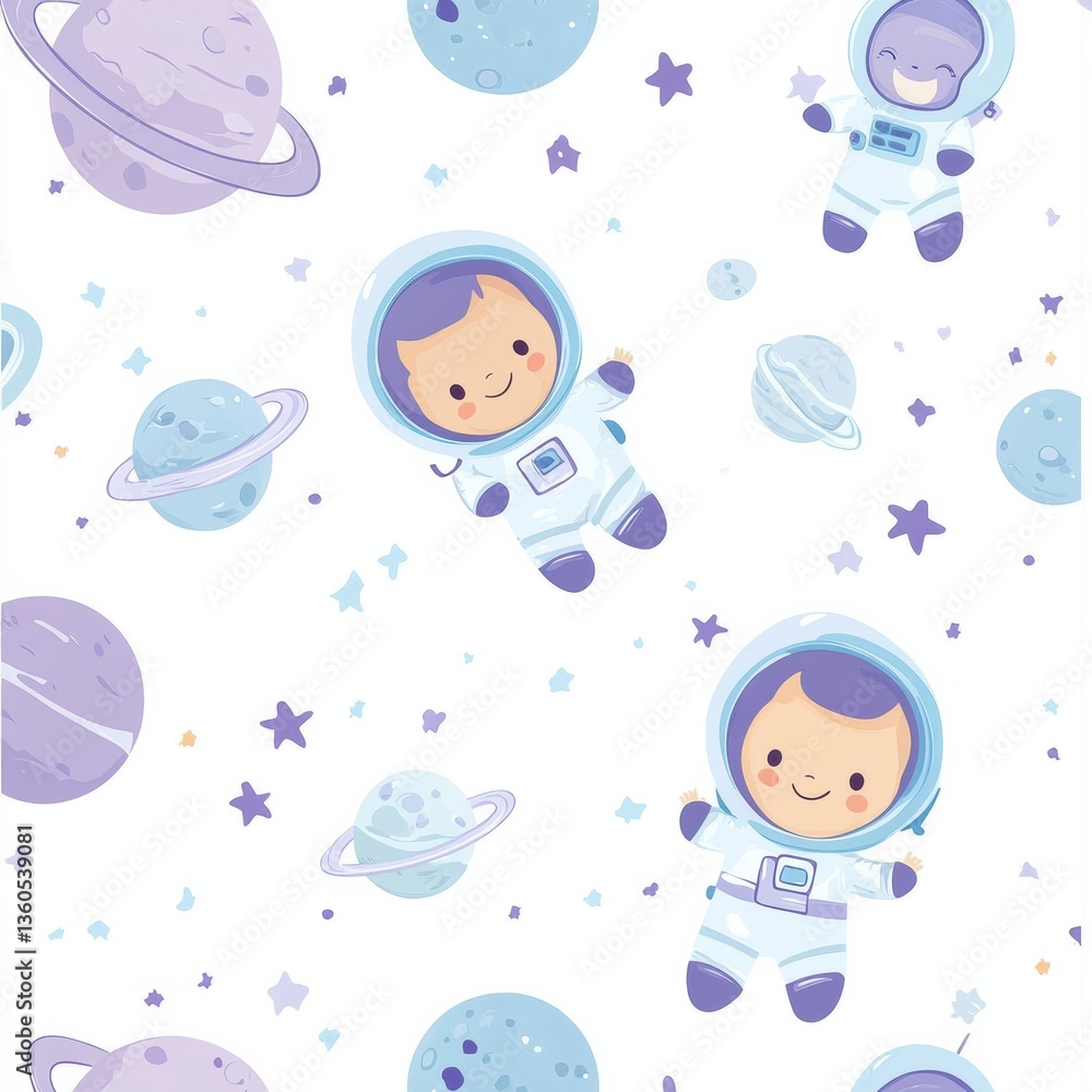 Poster seamless space-themed baby pattern featuring adorable astronauts, floating planets, smiling moons, a
