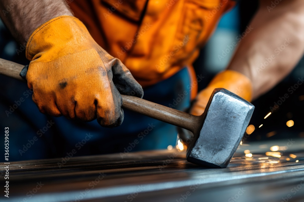 Poster metalworker shaping metal with hammer and creating sparks in workshop