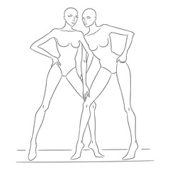A professional fashion croquis template featuring two female models posing. This clean and minimalistic line art sketch is perfect for fashion designers, illustrators to create stylish outfit designs