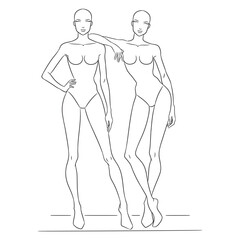 A professional fashion croquis template featuring two female models posing. This clean and minimalistic line art sketch is perfect for fashion designers, illustrators to create stylish outfit designs
