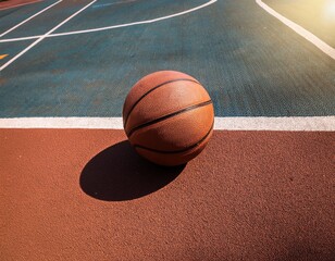 Pelota de baloncesto sobre una cancha y una canasta al fondo. Concepto de deporte callejero - obrazy, fototapety, plakaty