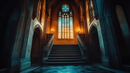Fototapeta premium Stunning gothic interior featuring colorful stained glass windows and intricate architecture at twilight