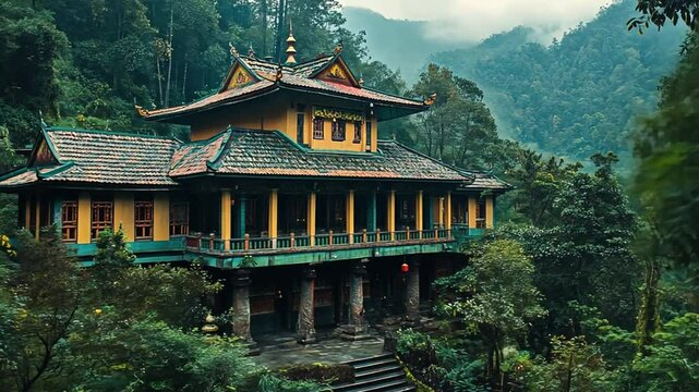 Traditional chinese building nestled among lush greenery and misty mountain backdrop