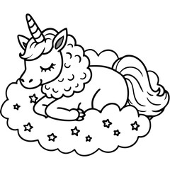 Fototapeta premium Adorable unicorn peacefully sleeping on a cloud surrounded by stars in a whimsical illustration