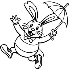 Cheerful rabbit character joyfully hopping with an umbrella in a playful illustration