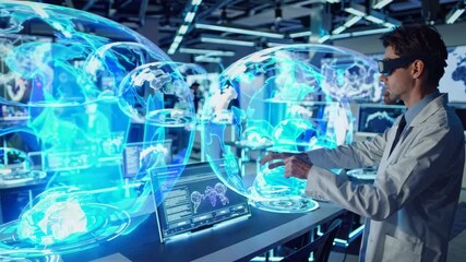 Male researcher in white lab coat interacting with multiple translucent blue holographic globe interfaces in high-tech control room with augmented reality glasses - Powered by Adobe