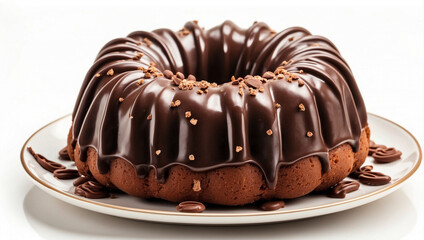 Obraz premium Chocolate Coated Bundt Cake Isolated on a White Background: A Rich and Indulgent Dessert