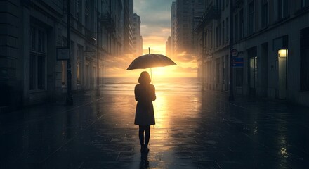 Silhouette Walking with Umbrella Toward Sunset in Rainy City