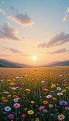 Colorful Wildflowers Blooming Under Sunset in Vast Open Field