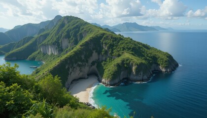 Fototapeta premium Breathtaking Coastal View of Lush Green Mountains and Calm Waters