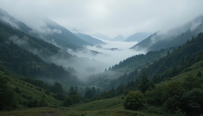 Obraz premium Serene Mountain Landscape with Fog and Green Valley in Background