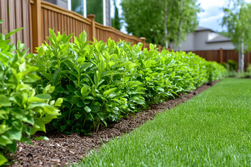 Lush green hedge bordering backyard lawn
