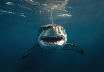A majestic great white shark glides effortlessly through the deep blue waters of the ocean