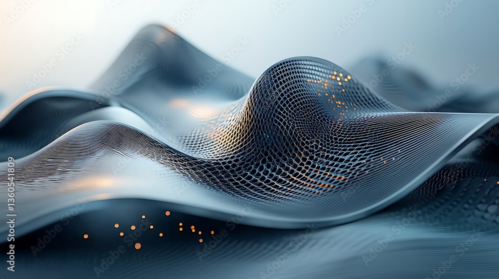 Poster Abstract digital landscape of undulating metallic forms.  Data points and waves create a dynamic, futuristic design