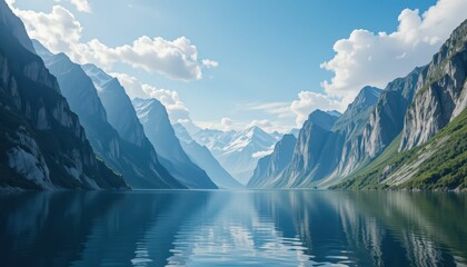 Naklejka premium Serene Mountain Landscape with Calm Waters and Clear Blue Sky