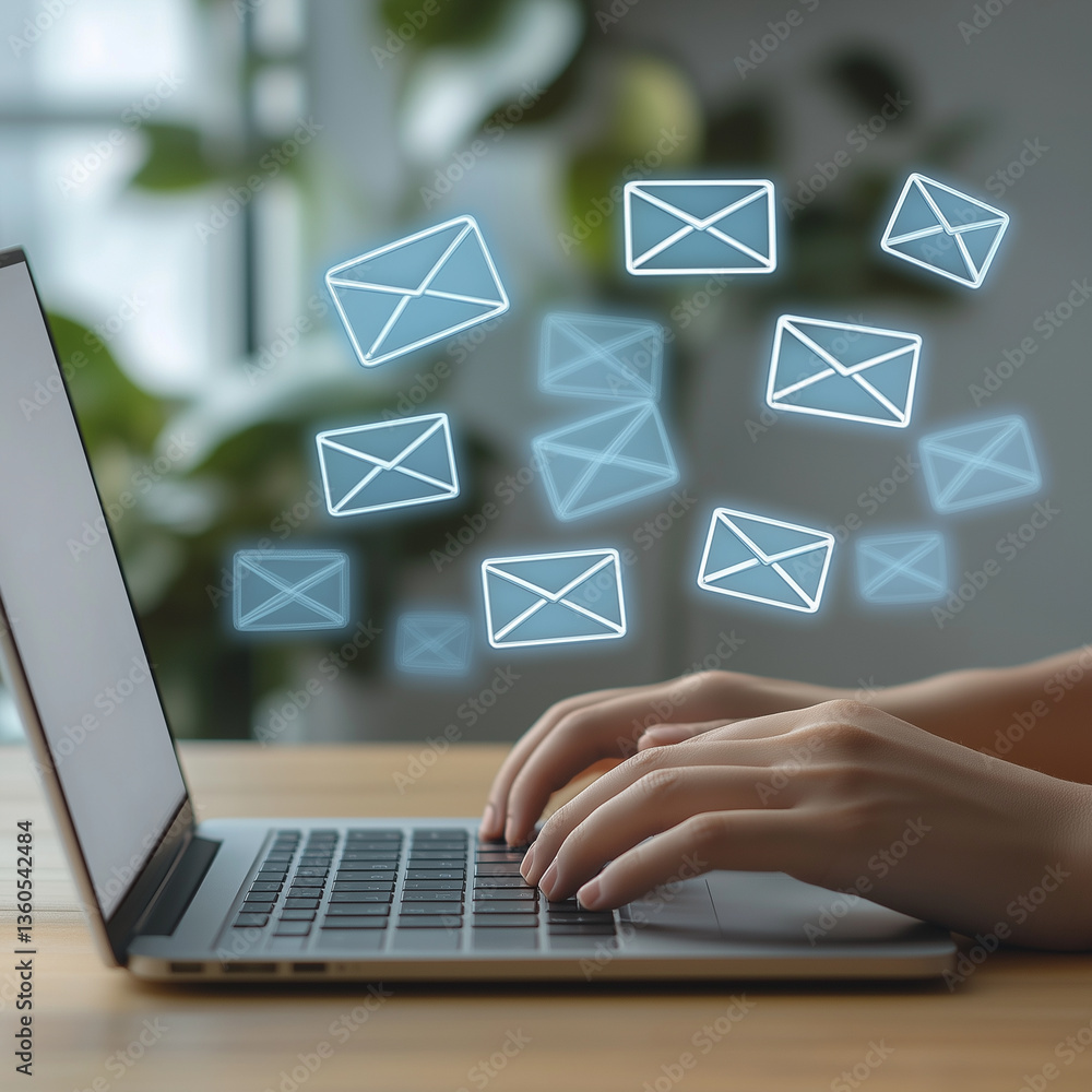 Poster person typing on laptop keyboard with multiple floating envelope icons representing email communicat