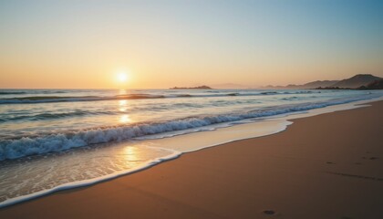 Serene Sunset Over Calm Ocean Waves at Tranquil Beach Shoreline