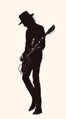 Silhouette of Rock Musician Playing Electric Guitar in Black Hat Vector Art