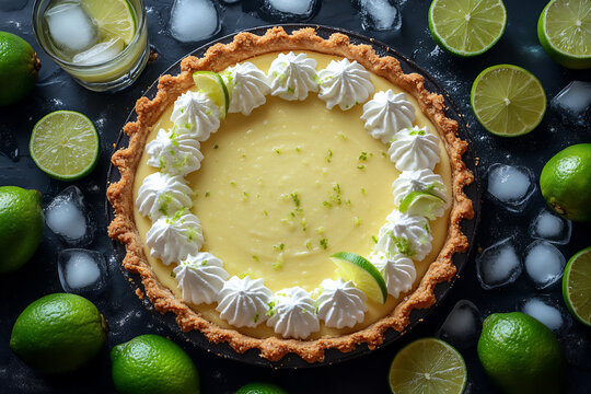 lime pie with lime juice and ice cubes on the side, next to limes and margaritas in glasses. top view of the key lime pie,