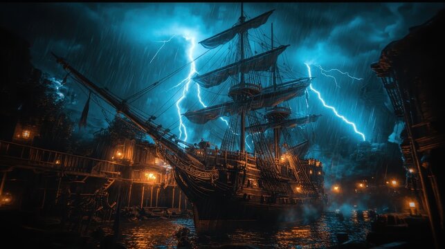 Historic ship battles storm while engulfed in flames, creating a dramatic scene amidst lightning