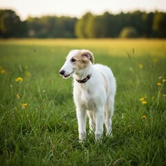 Fototapeta premium Elegant Borzoi Puppy Standing in a Green Meadow – Graceful Young Russian Wolfhound