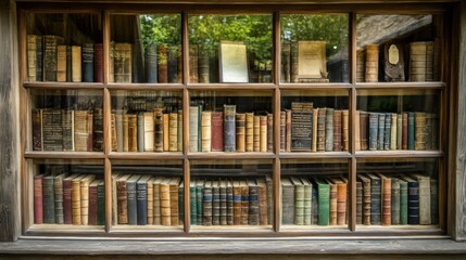 Wooden window display of antique books