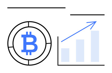 Bitcoin coin logo alongside a bar chart with an upward arrow conveying growth and success. Ideal for finance, cryptocurrency, trading, technology, investment, blockchain, data presentation. Flat