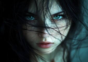 Woman with dark hair, windswept, and portrait.