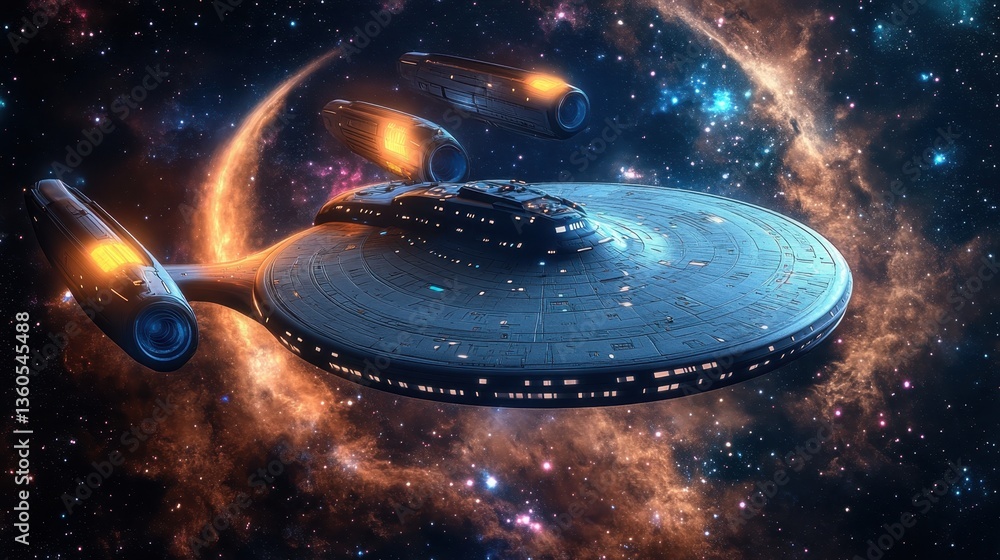 Poster spaceship navigating near black hole in vibrant cosmic setting with glowing stars and colorful nebul