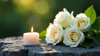 bouquet of white roses with a burning candle