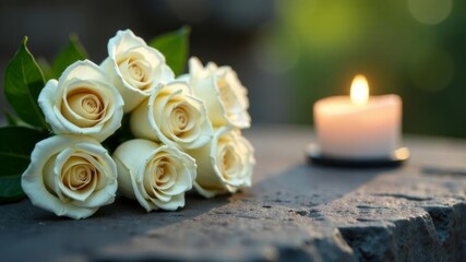 Obraz premium bouquet of white roses with a burning candle