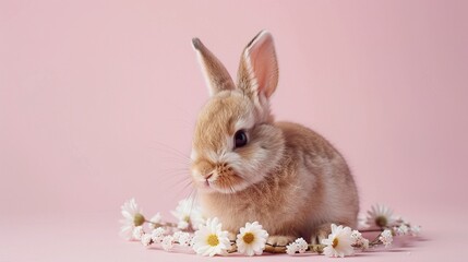 Obraz premium Cute Easter Bunny with Floral Wreath on Pink Background