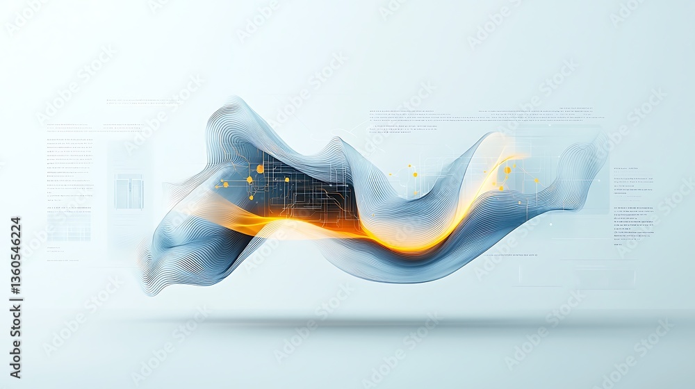 Poster Abstract flowing data visualization, showcasing dynamic patterns and technological elements