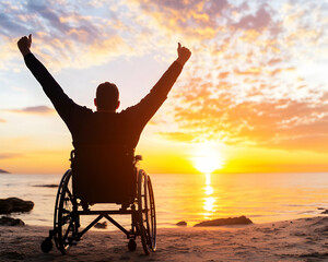 Man in wheelchair enjoys sunset at beach