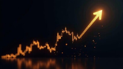 golden arrow up in honor of stock growth on black background