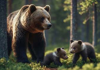 Mother bear grizzly and the little bears in the forest
