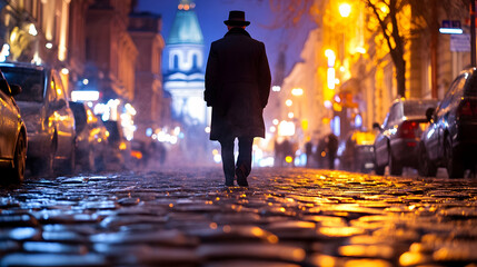 Man walks cobblestone street, night city, church background