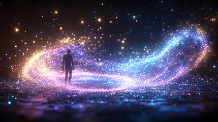 Man walks cosmic energy trail, nebula background